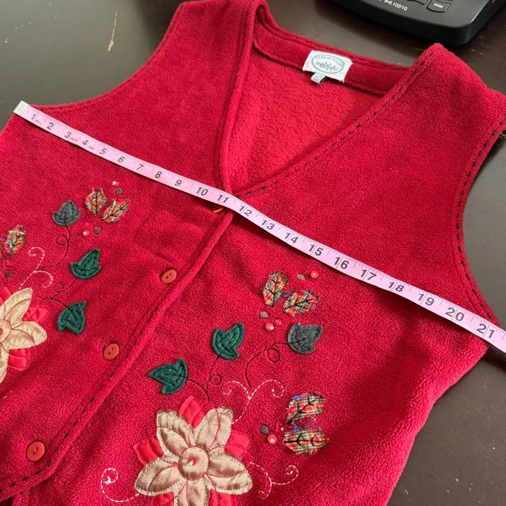 CAROLYN TAYLOR Womens Embroidered Fleece Vest Cottagecore Festive Holiday Size L
